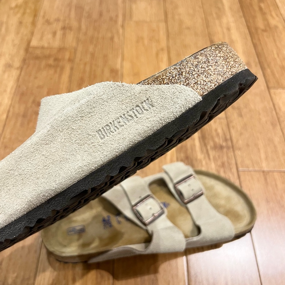 Birkenstock Suede Arizona sandals.